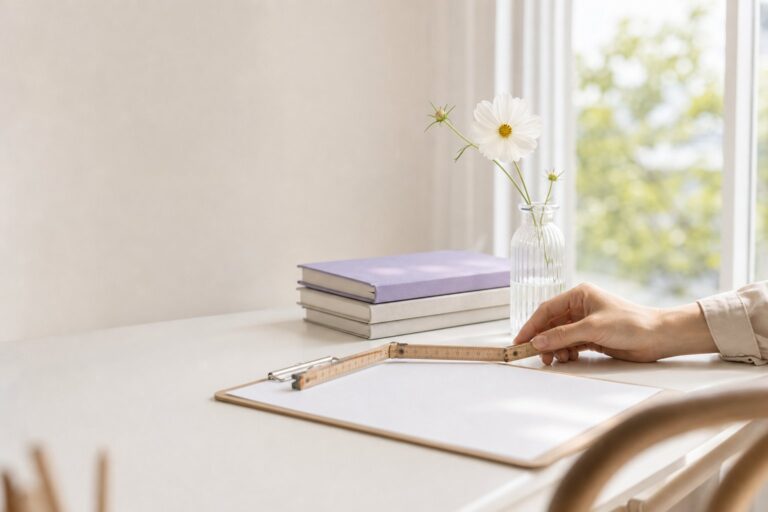 窓辺の白い机で、クリップボードの白い紙に折りたたみ定規をあてる手元