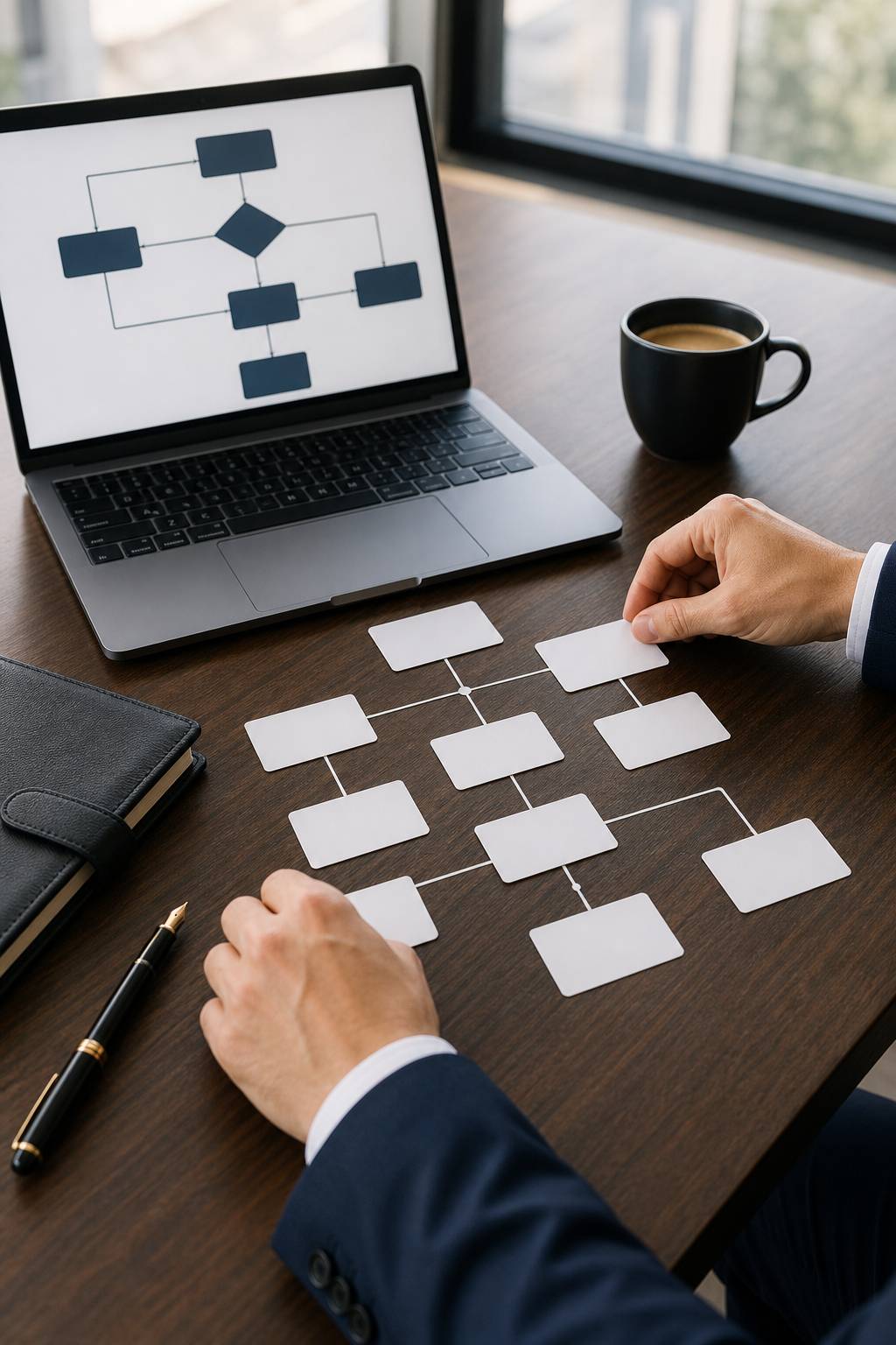 こげ茶の机で、スーツ姿の手元がカードを流れ図に並べている